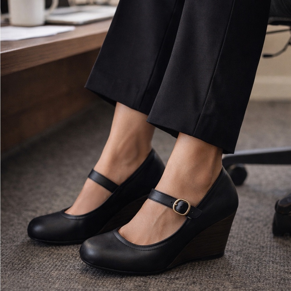 Steve Madden Mary Jane Wedge Heels Size 7 Classic Black Leather Y2K Comfort Pump